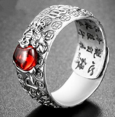 Natural Garnet & 925 Sterling Silver LUCKY PIXIU OM Mantra Ring